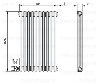 Схема (чертеж) Радиатор Zehnder Charleston 2200/10 №V003 Белый глянцевый RAL 9016